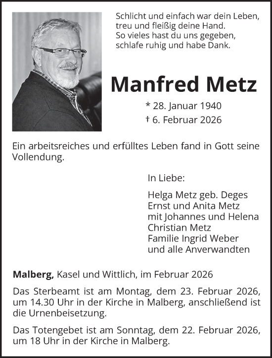 Traueranzeige von Manfred Metz von trierischer_volksfreund