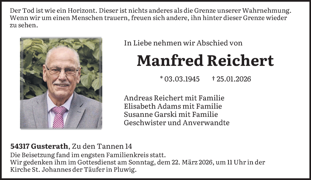  Traueranzeige für Manfred Reichert vom 07.02.2026 aus trierischer_volksfreund
