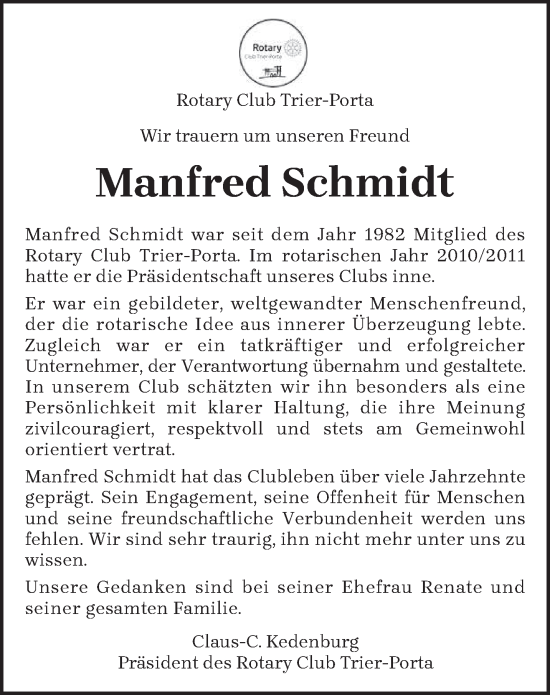 Traueranzeige von Manfred Schmidt von trierischer_volksfreund