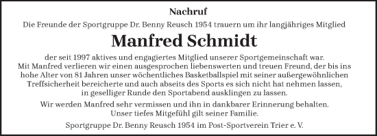 Traueranzeige von Manfred Schmidt von trierischer_volksfreund