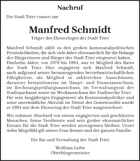 Traueranzeige von Manfred Schmidt von trierischer_volksfreund