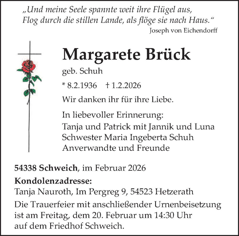 Traueranzeige für Margarete Brück vom 14.02.2026 aus trierischer_volksfreund