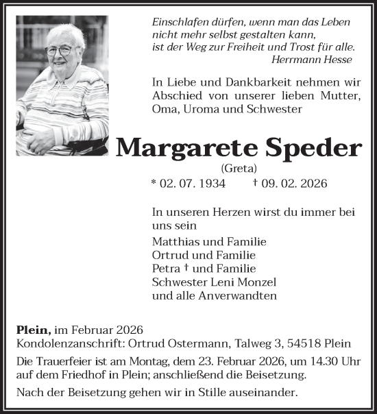 Traueranzeige von Margarete Speder von trierischer_volksfreund