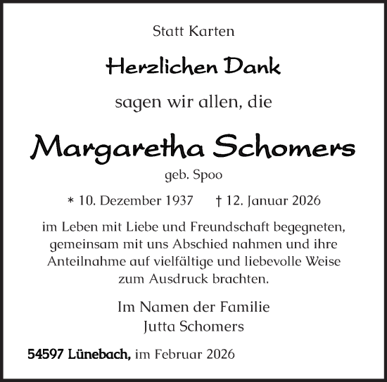 Traueranzeige von Margaretha Schomers von trierischer_volksfreund