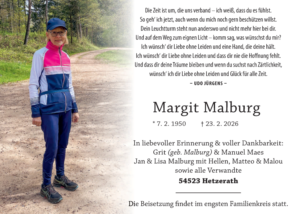  Traueranzeige für Margit Malburg vom 28.02.2026 aus trierischer_volksfreund