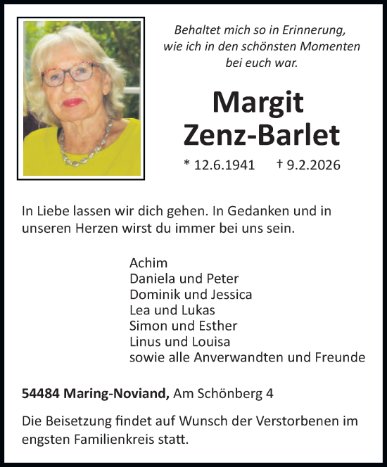 Traueranzeige von Margit Zenz-Barlet von trierischer_volksfreund