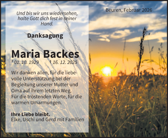 Traueranzeige von Maria Backes von trierischer_volksfreund