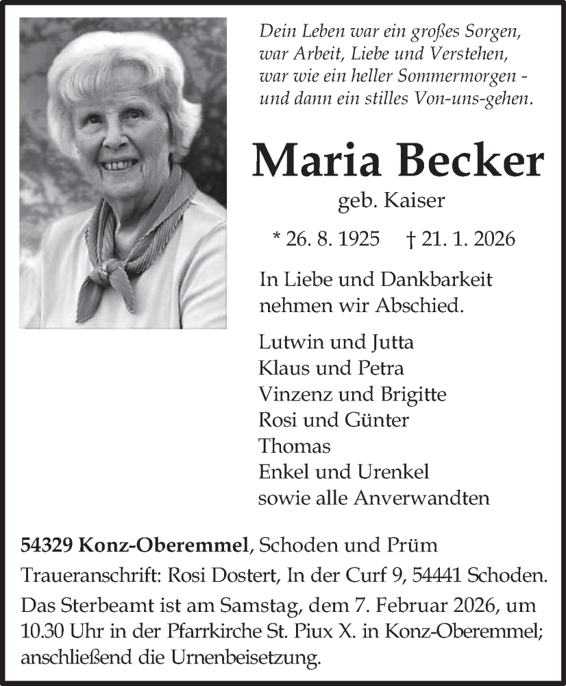  Traueranzeige für Maria Becker vom 31.01.2026 aus trierischer_volksfreund