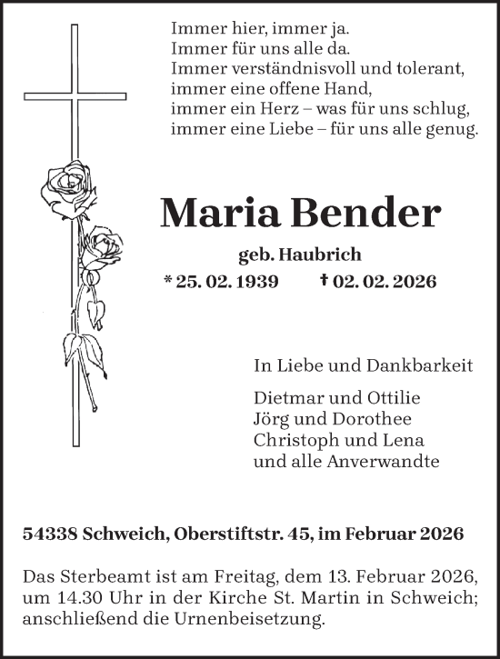 Traueranzeige von Maria Bender von trierischer_volksfreund