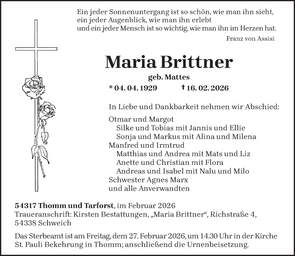  Traueranzeige für Maria Brittner vom 25.02.2026 aus trierischer_volksfreund