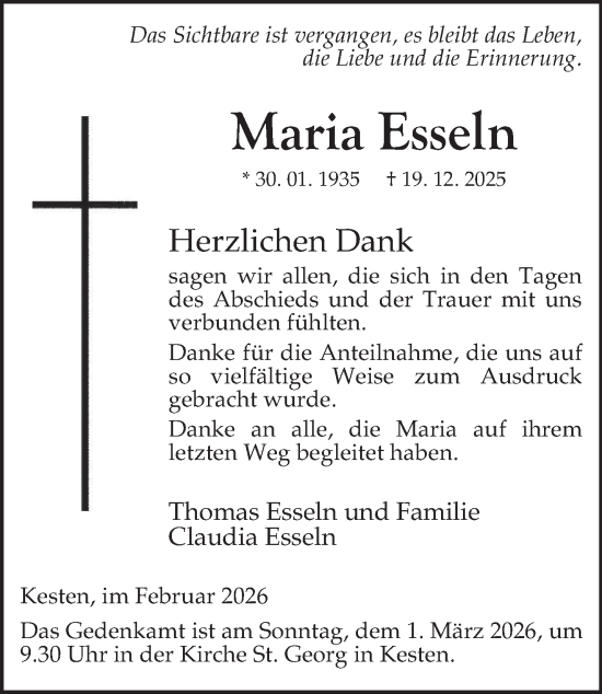 Traueranzeige von Maria Esseln von trierischer_volksfreund