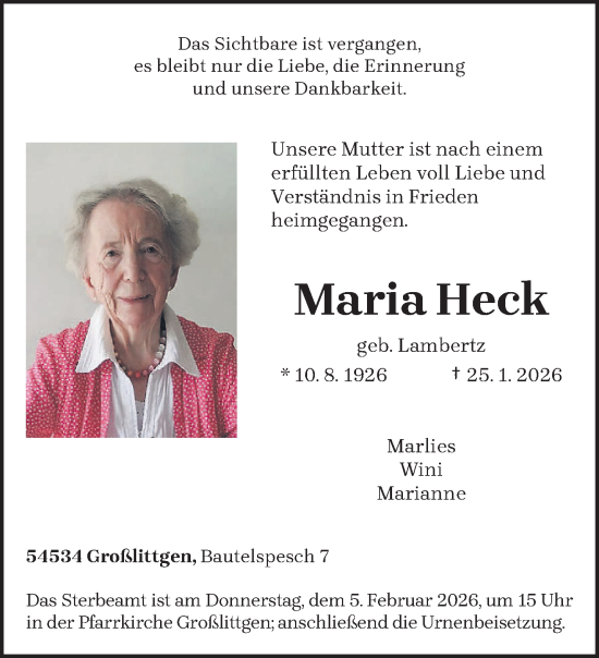 Traueranzeige von Maria Heck von trierischer_volksfreund