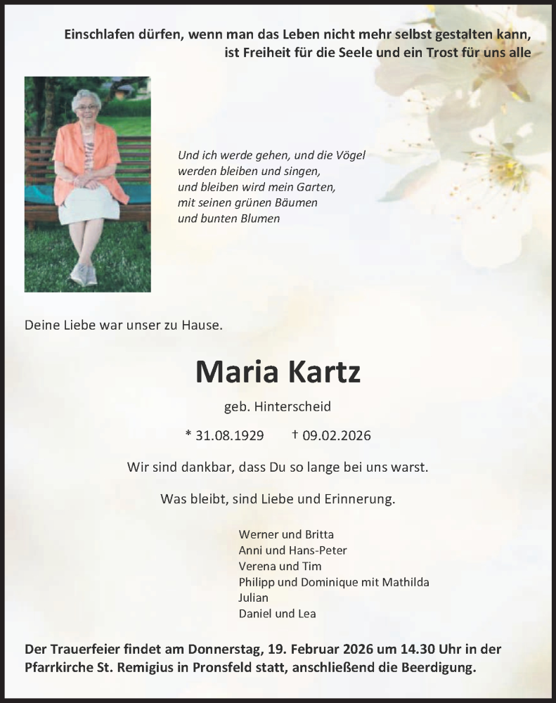  Traueranzeige für Maria Kartz vom 14.02.2026 aus trierischer_volksfreund