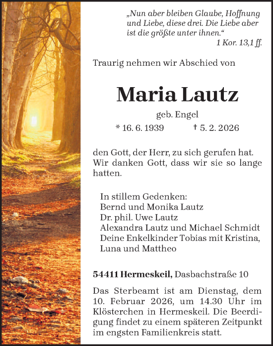 Traueranzeige von Maria Lautz von trierischer_volksfreund