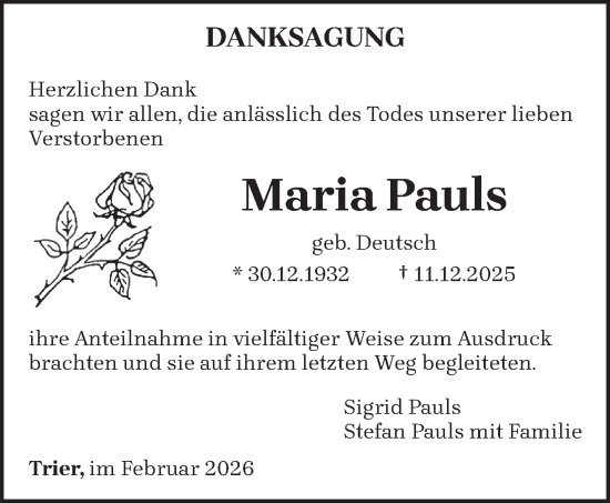Traueranzeige von Maria Pauls von trierischer_volksfreund