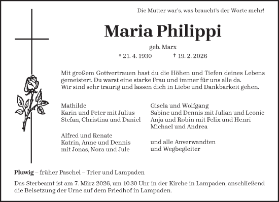 Traueranzeige von Maria Philippi von trierischer_volksfreund