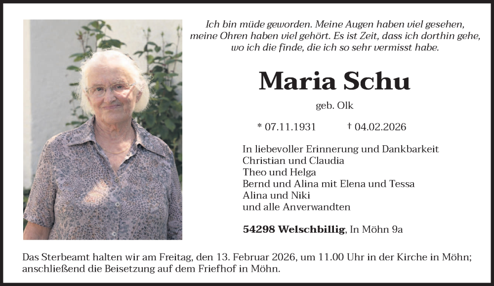  Traueranzeige für Maria Schu vom 07.02.2026 aus trierischer_volksfreund
