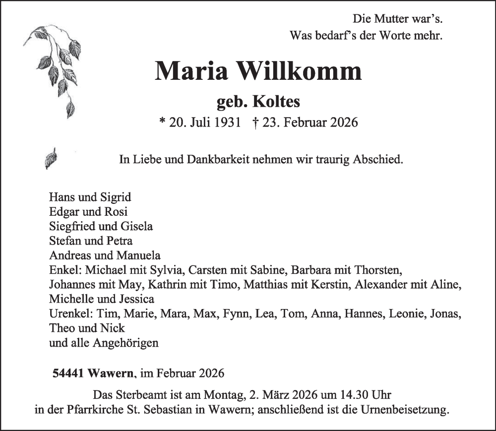  Traueranzeige für Maria Willkomm vom 26.02.2026 aus trierischer_volksfreund