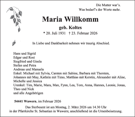 Traueranzeige von Maria Willkomm von trierischer_volksfreund