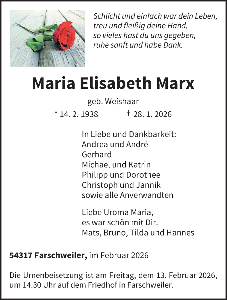  Traueranzeige für Maria Elisabeth Marx vom 07.02.2026 aus trierischer_volksfreund