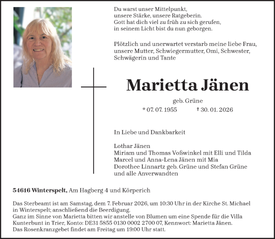 Traueranzeige von Marietta Jänen von trierischer_volksfreund
