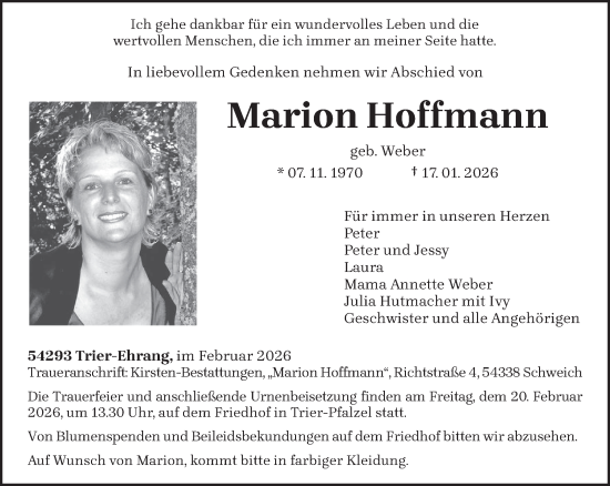 Traueranzeige von Marion Hoffmann von trierischer_volksfreund