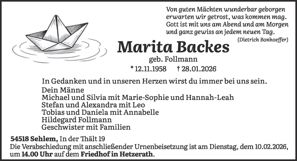  Traueranzeige für Marita Backes vom 04.02.2026 aus trierischer_volksfreund