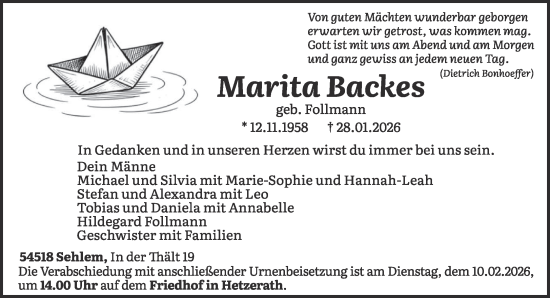 Traueranzeige von Marita Backes von trierischer_volksfreund