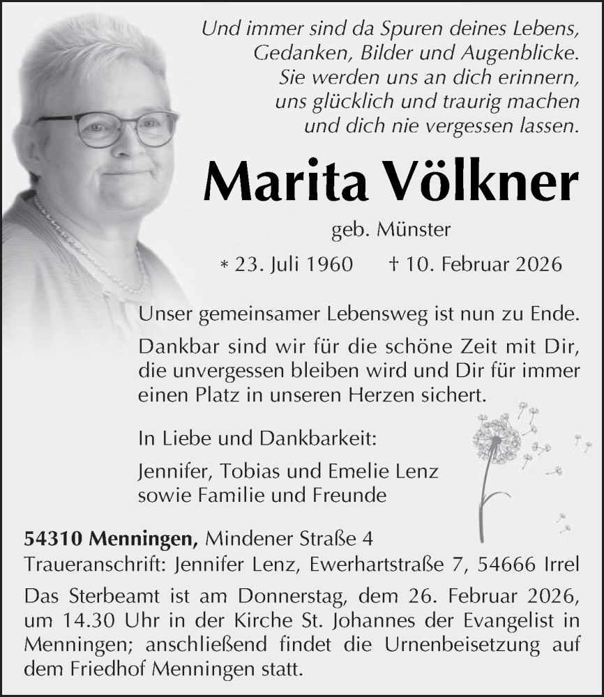  Traueranzeige für Marita Völkner vom 21.02.2026 aus trierischer_volksfreund