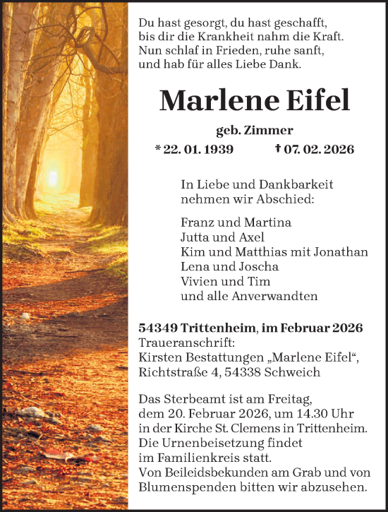 Traueranzeige von Marlene Eifel von trierischer_volksfreund