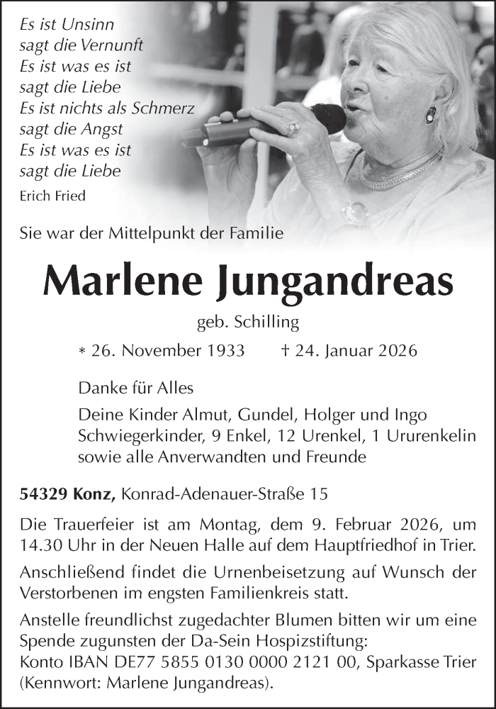  Traueranzeige für Marlene Jungandreas vom 04.02.2026 aus trierischer_volksfreund