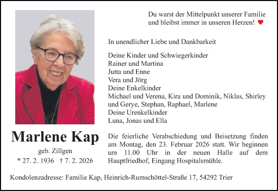 Traueranzeige von Marlene Kap von trierischer_volksfreund