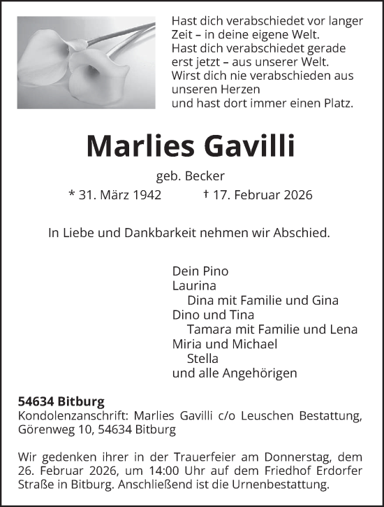 Traueranzeige von Marlies Gavilli von trierischer_volksfreund