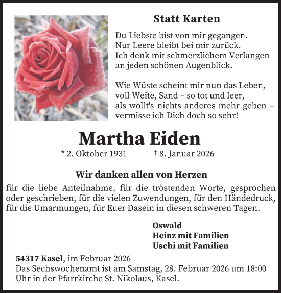 Traueranzeige von Martha Eiden von trierischer_volksfreund