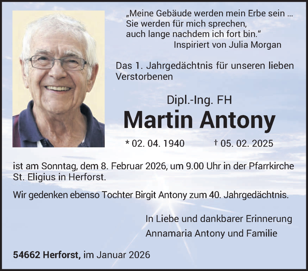  Traueranzeige für Martin Antony vom 31.01.2026 aus trierischer_volksfreund