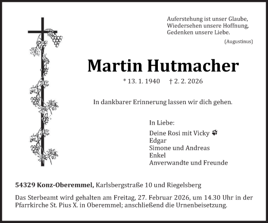 Traueranzeige von Martin Hutmacher von trierischer_volksfreund
