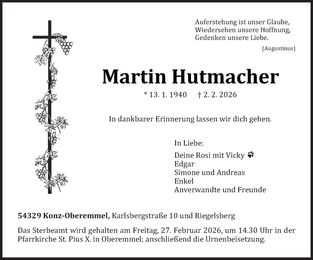  Traueranzeige für Martin Hutmacher vom 21.02.2026 aus trierischer_volksfreund