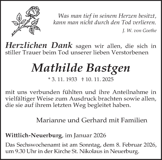 Traueranzeige von Mathilde Bastgen von trierischer_volksfreund