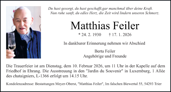 Traueranzeige von Matthias Feiler von trierischer_volksfreund