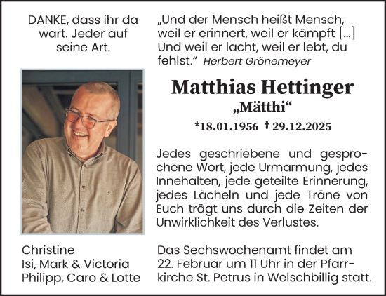 Traueranzeige von Matthias Hettinger von trierischer_volksfreund