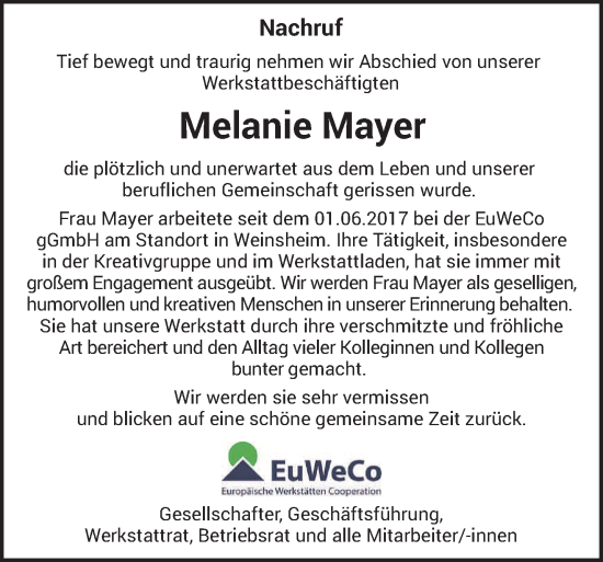 Traueranzeige von Melanie Mayer von trierischer_volksfreund