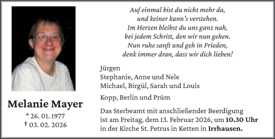 Traueranzeige von Melanie Mayer von trierischer_volksfreund