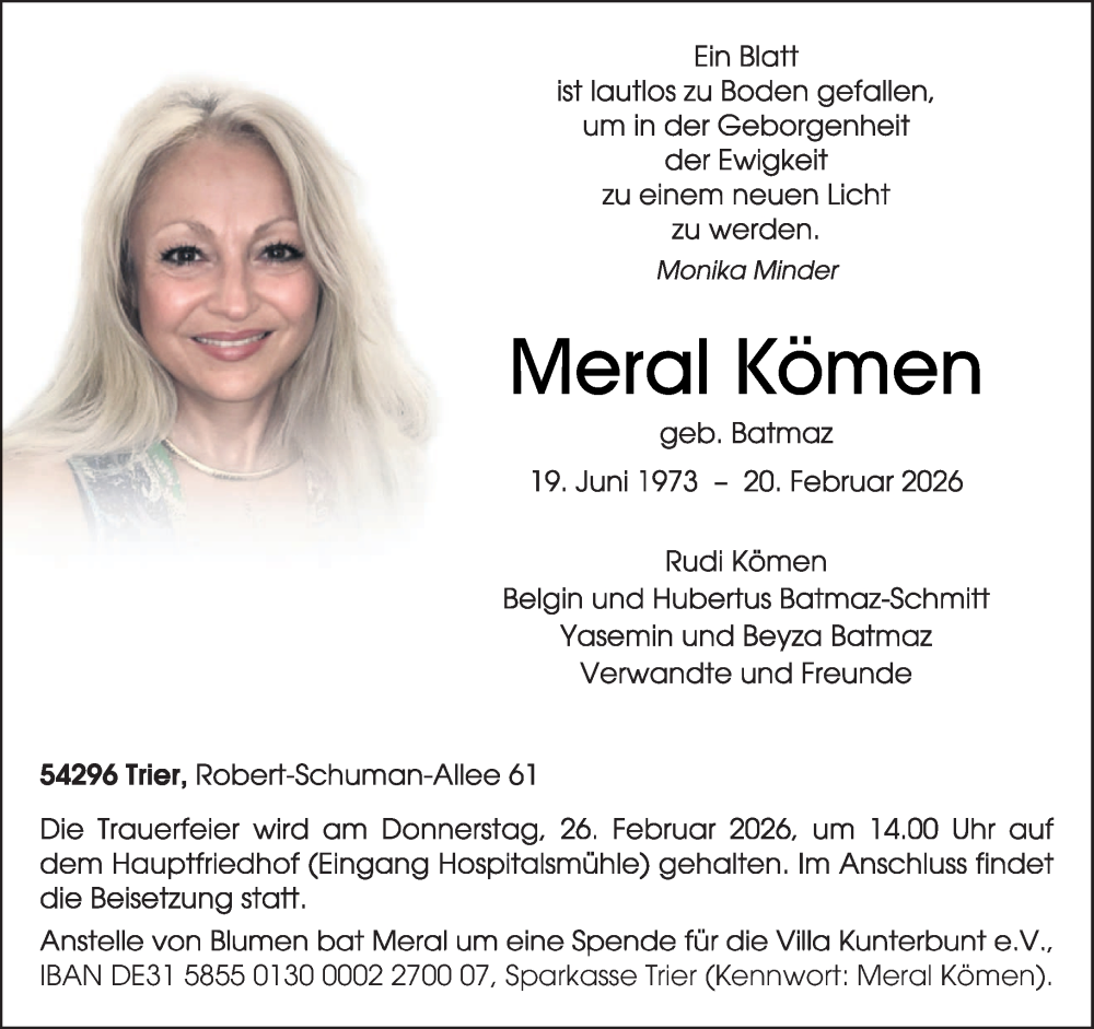  Traueranzeige für Meral Kömen vom 24.02.2026 aus trierischer_volksfreund