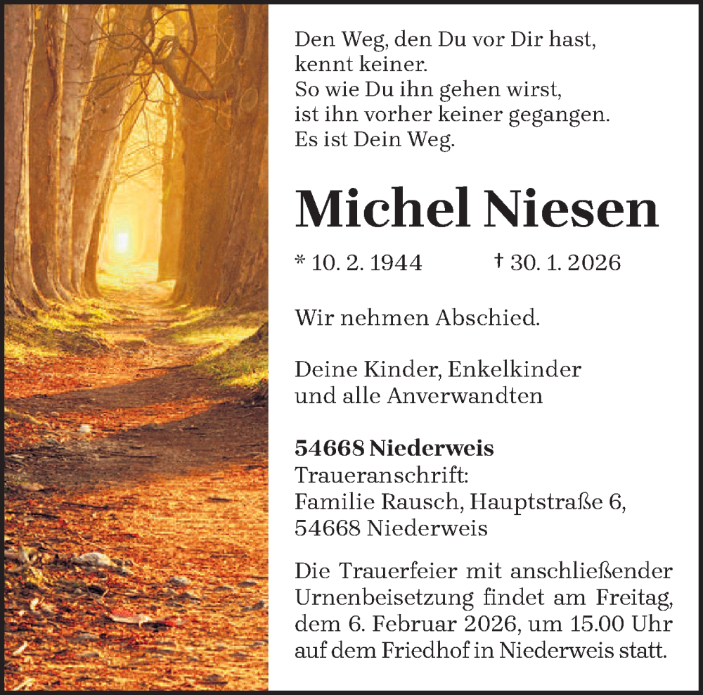  Traueranzeige für Michel Niesen vom 04.02.2026 aus trierischer_volksfreund