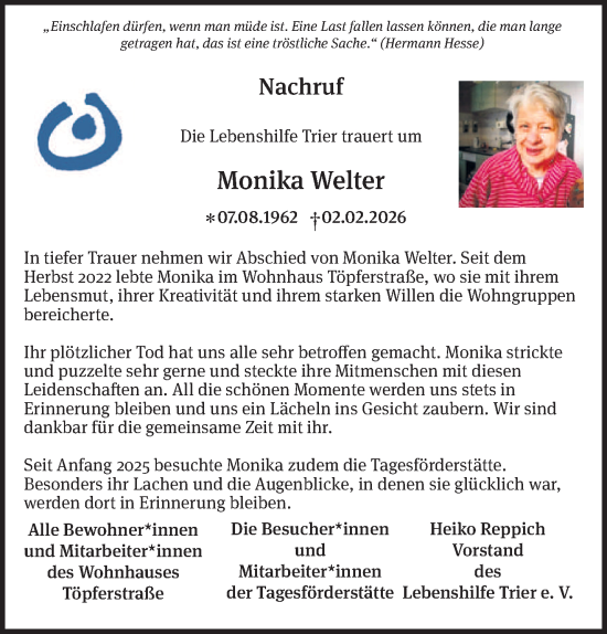Traueranzeige von Monika Welter von trierischer_volksfreund