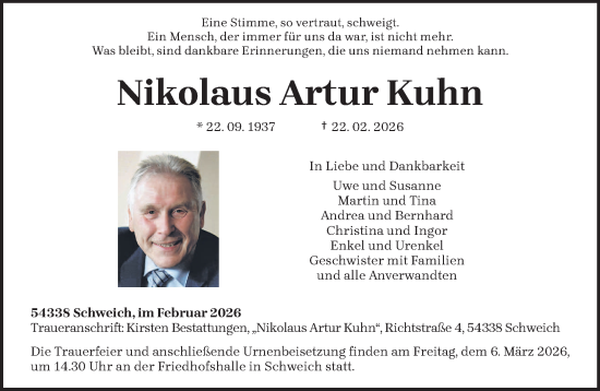 Traueranzeige von Nikolaus Artur Kuhn von trierischer_volksfreund
