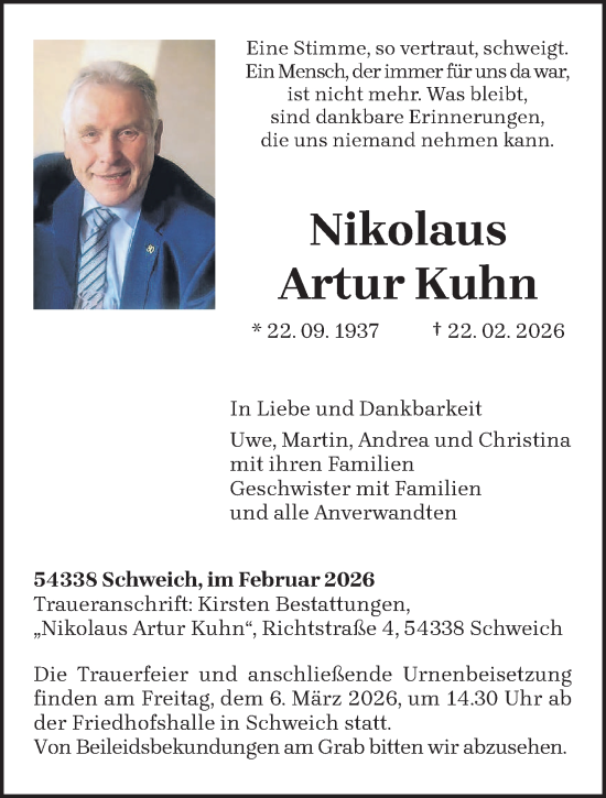 Traueranzeige von Nikolaus Artur Kuhn von trierischer_volksfreund