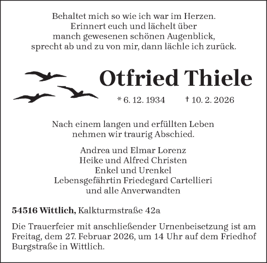 Traueranzeige von Otfried Thiele von trierischer_volksfreund