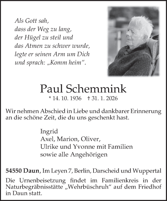 Traueranzeige von Paul Schemmink von trierischer_volksfreund
