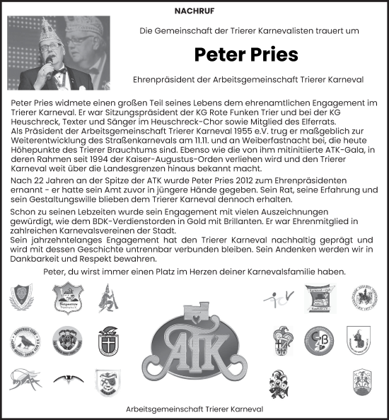 Traueranzeige von Peter Pries von trierischer_volksfreund